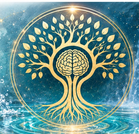 Golden NeuroHarmonic tree rising above calming water